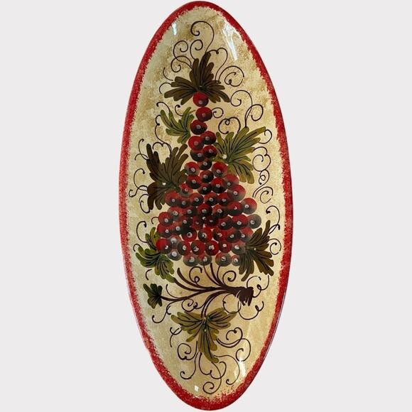 Hand Painted in Italy Grapes Tan and Red 13” Oval Tray - Picture 1 of 7